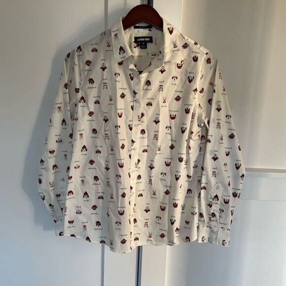 Lands’ End Women’s Size 12 Winter Dog Print No Iron Cotton Button Down Shirt - Picture 2 of 12